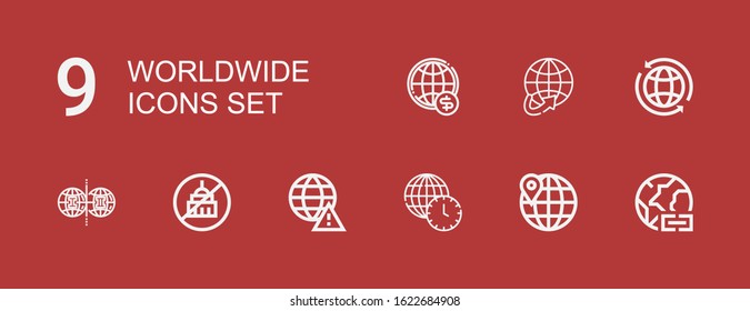Editable 9 worldwide icons for web and mobile. Set of worldwide included icons line Worldwide, Ngo, Parallel world on red background