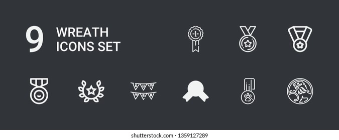 Editable 9 wreath icons for web and mobile. Set of wreath included icons line Holden, Medal, Garlands, Laurel on dark background