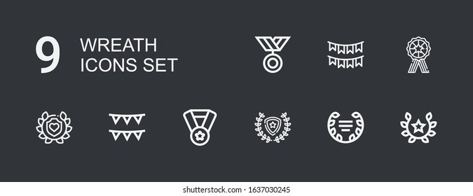 Editable 9 wreath icons for web and mobile. Set of wreath included icons line Laurel, Winner, Medal, Garlands on dark background