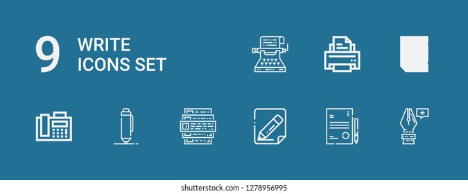 Editable 9 write icons for web and mobile. Set of write included icons line Anchor point, Resume, Edit, Feedback, Pen, Fax, Printer, Typewriter on blue background