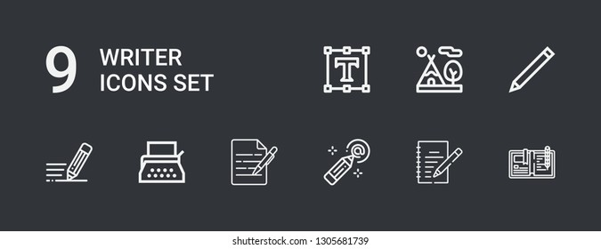 Editable 9 writer icons for web and mobile. Set of writer included icons line Write, Writing, Pencil, Typewriter, Tipi, Text editor on dark background