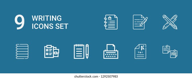 Editable 9 writing icons for web and mobile. Set of writing included icons line Notepad, Exam, Copywriter, Paper, Pen, Write, Contract on blue background