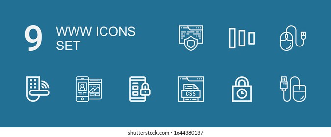 Iconos editables 9 www para web y móvil. Conjunto de www incluidos iconos línea Mouse, Padlocks, Css, Padlock, Responsive, Fade botones, Sitio Web sobre fondo azul