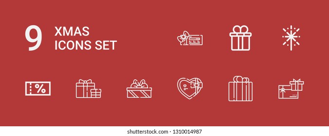 Editable 9 xmas icons for web and mobile. Set of xmas included icons line Gift card, Gift, Gifts, Voucher, Fireworks, Gift box on red background