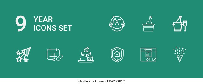 Editable 9 year icons for web and mobile. Set of year included icons line Confetti, Calendar, Guarantee, Pudding, Schedule, Ice bucket, Champagne, Monkey on green background