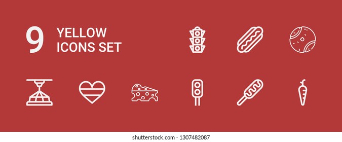 Editable 9 yellow icons for web and mobile. Set of yellow included icons line Carrot, Hot dog, Traffic light, Cheese, Germany, d, Tennis ball on red background