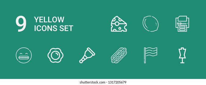 Editable 9 yellow icons for web and mobile. Set of yellow included icons line Dummy, Germany, Hot dog, Wooden leg, Fried egg, Shocked, Printer, Lemon, Cheese on green background