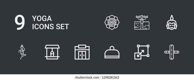 Editable 9 yoga icons for web and mobile. Set of yoga included icons line Gym, Stretching, Well, Fitness, Buddha, Spiritual on dark background