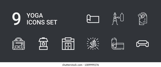 Editable 9 yoga icons for web and mobile. Set of yoga included icons line Gym, Yoga mat, Om, Well, Relax, Fitness on dark background