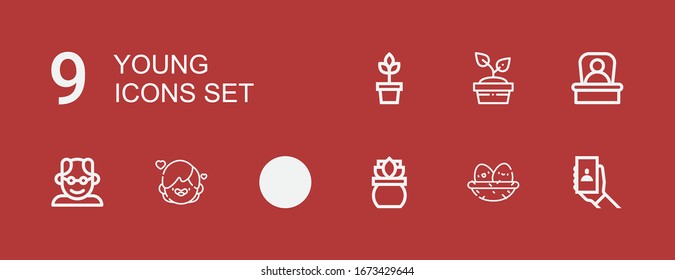 Editable 9 young icons for web and mobile. Set of young included icons line Selfie, Nest, Plant, Swing, Girl, Grandfather, Boss on red background