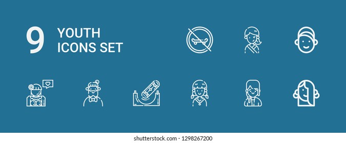 Editable 9 youth icons for web and mobile. Set of youth included icons line Girl, Skateboard, Hipster on blue background