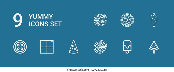 Editable 9 yummy icons for web and mobile. Set of yummy included icons line Popsicle, Pizza, Delicious on blue background