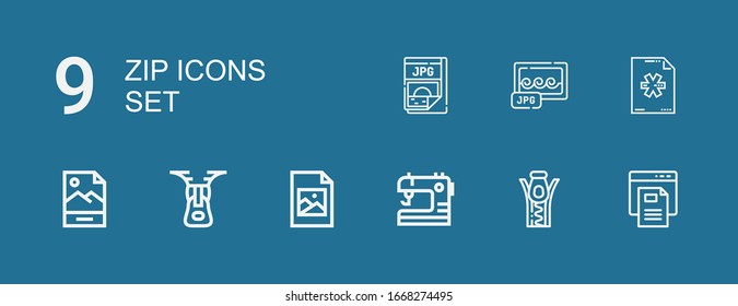 Editable 9 zip icons for web and mobile. Set of zip included icons line Text file, Zipper, Sewing, Jpeg, Jpg, New file on blue background