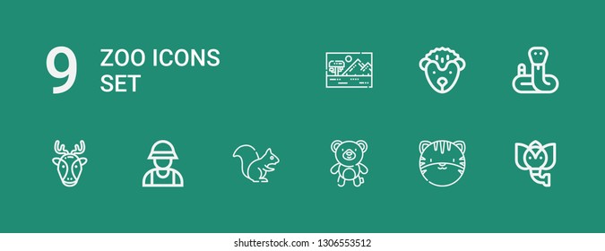 Editable 9 zoo icons for web and mobile. Set of zoo included icons line Elephant, Tiger, Bear, Squirrel, Zookeeper, Deer, Snake, Hedgehog, Savannah on green background