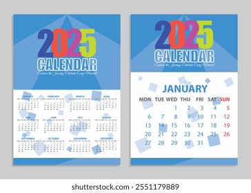 Calendário A3 2025 editável para o Illustrator | Modelo de vetor personalizável para impressão e digital | Calendário mensal 2025 com feriados, eventos e recursos totalmente editáveis para facilitar o uso.