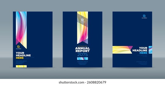 Editable A4 vector book cover templates with bold dynamic colorful wave designs on dark blue background for professional annual report, magazine, booklet, proposal, portfolio, brochure, poster