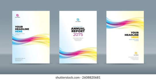 Editable A4 vector book cover templates with horizontal bold dynamic colorful wave designs for professional annual report, magazine, booklet, proposal, portfolio, brochure, poster and projects