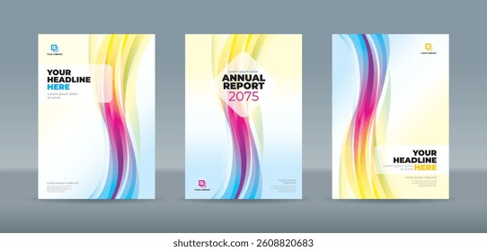 Editable A4 vector book cover templates with vertical bold dynamic colorful wave designs for professional annual report, magazine, booklet, proposal, portfolio, brochure, poster and projects