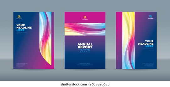 Editable A4 vector book cover templates with bold dynamic colorful wave designs on glowing purple background for professional annual report, magazine, booklet, proposal, portfolio, brochure, poster