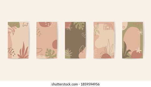 Editable abstract artistic floral story templates for social media marketing, phone screen proportions. Vintage fluid organic shapes in neutral colors. Insta stories templates with copy space. Vector