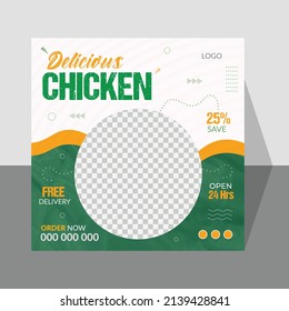 Editable Abstract Fresh And Spicy Delicious Chicken Social Media Post Design Vector Template. Pizza, Burger, Pasta Restaurant Banner, Delicious Chicken Or Poster,  Food Flyer Design, Free Delivery.