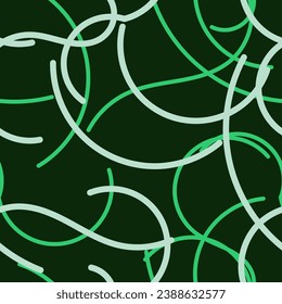 Editable Abstract Green Curved Lines Vector Seamless Pattern With Dark Background for Decorative Element