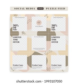 Editable abstract pastel background social media post puzzle feed vector template set for beauty spa or fashion with soft earth color palette