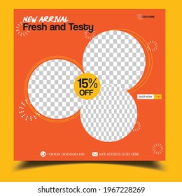 Editable, Abstract  social media post template, Fast food social media template for restaurant, burger, Pizza, banner or poster, Testy and fresh  Flyer Design. Orange color background.  