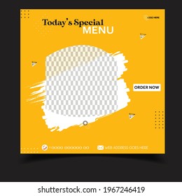 Editable, Abstract  social media post template, Fast food social media template for restaurant, burger, Pizza, banner or poster, Testy and fresh  Flyer Design. Yellow color background.