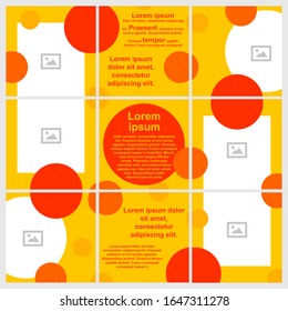 Editable abstract template for social network posts. Red and orange circles on a yellow background.