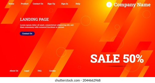 Editable abstract website background with attractive orange gradient mesh and dummy text for website template preview like the menu for landing page, contact us, home, about us, sign in, and others.