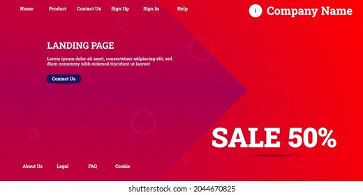 Editable abstract website background with attractive red gradient mesh and dummy text for website template preview like the menu for landing page, contact us, home, about us, sign in, and others.