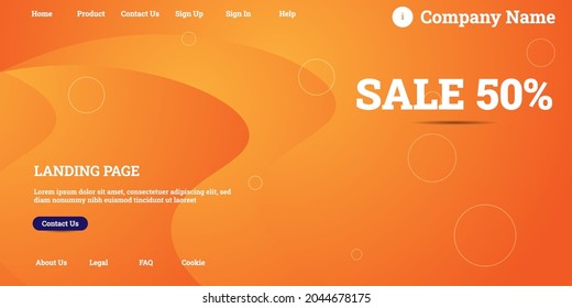 Editable abstract website background with attractive orange gradient mesh and dummy text for website template preview like the menu for landing page, contact us, home, about us, sign in, and others.