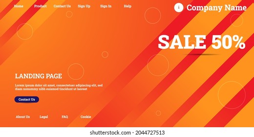 Editable abstract website background with attractive orange gradient mesh and dummy text for website template preview like the menu for landing page, contact us, home, about us, sign in, and others.