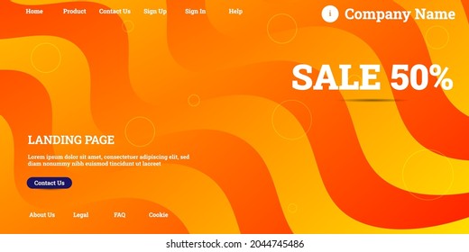 Editable abstract website background with attractive orange gradient mesh and dummy text for website template preview like the menu for landing page, contact us, home, about us, sign in, and others.