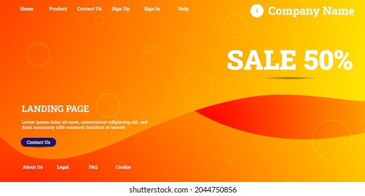 Editable abstract website background with attractive orange gradient mesh and dummy text for website template preview like the menu for landing page, contact us, home, about us, sign in, and others.