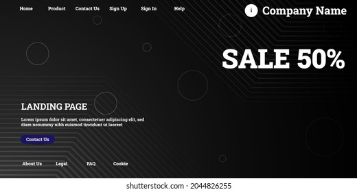 Editable abstract website background with attractive black gradient mesh and dummy text for website template preview like the menu for landing page, contact us, home, about us, sign in, and others.