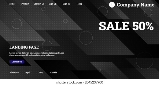 Editable abstract website background with attractive black gradient mesh and dummy text for website template preview like the menu for landing page, contact us, home, about us, sign in, and others.