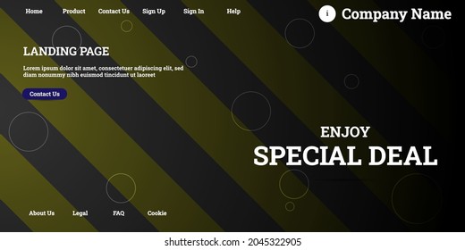 Editable abstract website background with attractive black gradient mesh and dummy text for website template preview like the menu for landing page, contact us, home, about us, sign in, and others.