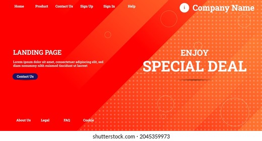 Editable abstract website background with attractive orange gradient mesh and dummy text for website template preview like the menu for landing page, contact us, home, about us, sign in, and others.