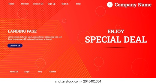 Editable abstract website background with attractive orange gradient mesh and dummy text for website template preview like the menu for landing page, contact us, home, about us, sign in, and others.