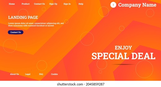 Editable abstract website background with attractive orange gradient mesh and dummy text for website template preview like the menu for landing page, contact us, home, about us, sign in, and others.