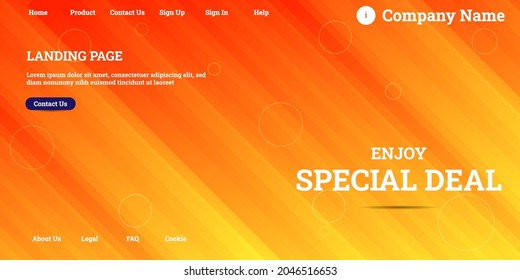 Editable abstract website background with attractive orange gradient mesh and dummy text for website template preview like the menu for landing page, contact us, home, about us, sign in, and others.