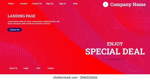 Editable abstract website background with attractive red gradient mesh and dummy text for website template preview like the menu for landing page, contact us, home, about us, sign in, and others.