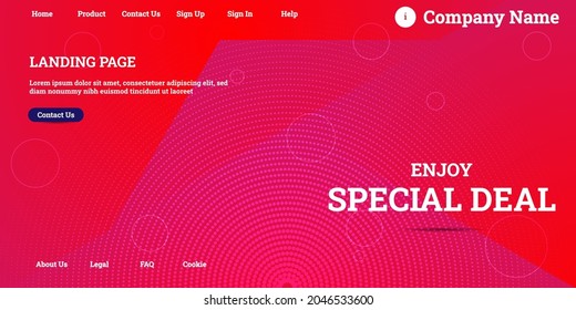 Editable abstract website background with attractive red gradient mesh and dummy text for website template preview like the menu for landing page, contact us, home, about us, sign in, and others.