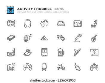 Editable Activity and Hobbie icons set. Thin line outline icons such as movies, lifestyle, camera, gamepad, art, bicycle, book, listen, camping tent, interests, microphone, guitar vector