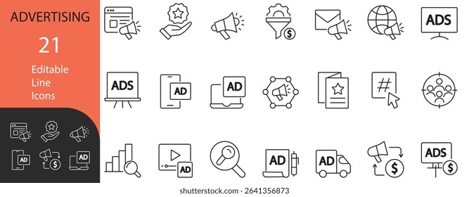 Editable advertising line icons set featuring digital marketing, paid ads, promotions, targeting, SEO, and analytics. Perfect for web, mobile, and branding use.