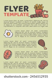 Editable advertising template for restaurant, cafe. Hand drawn illustration of products and dishes. Layout for printing