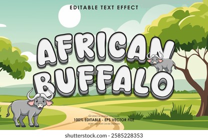 Editable african buffalo text effect, with savanna background, and african buffalo illustration