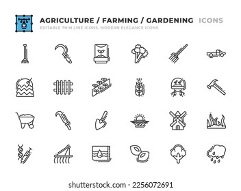 Editable Agriculture and Farming icons set. Thin line outline icons such as lettuce, pitchfork, pickup, mill, grass, gmo, cultivator, haystack, fence, rice field, rye, hydroponic, hammer, cotton